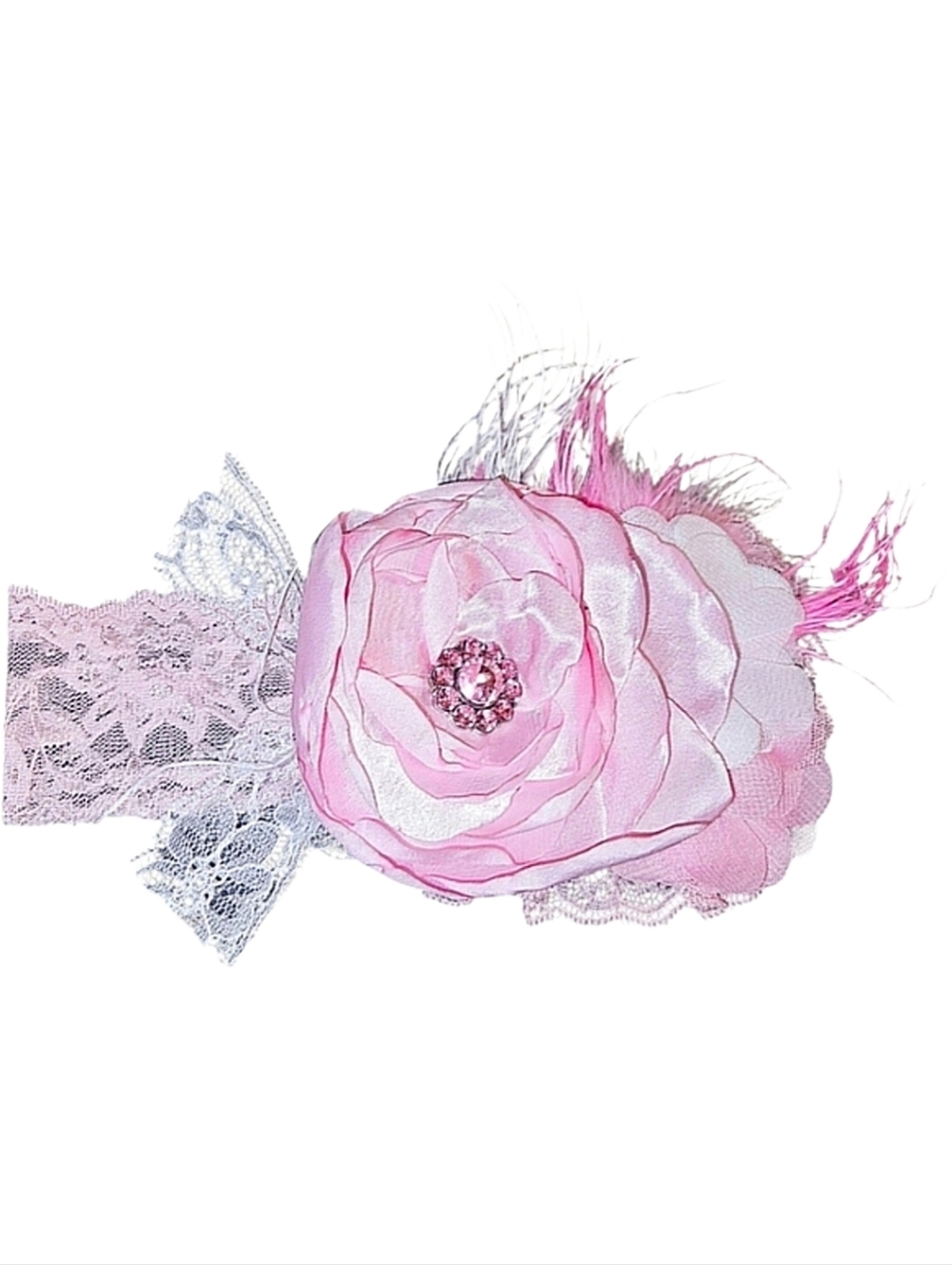 Gorgeous Boutique Lace Floral Headband with Jewels & Feathers Toddler